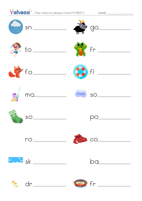 Write the word rows worksheet for snow, goat, toe and 16 more