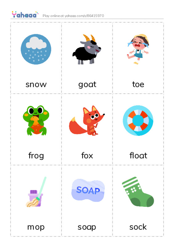 Picture flashcards worksheet for snow, goat, toe and 15 more
