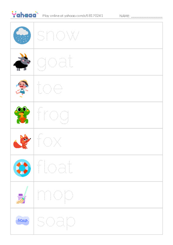Picture and word rows worksheet for snow, goat, toe and 15 more