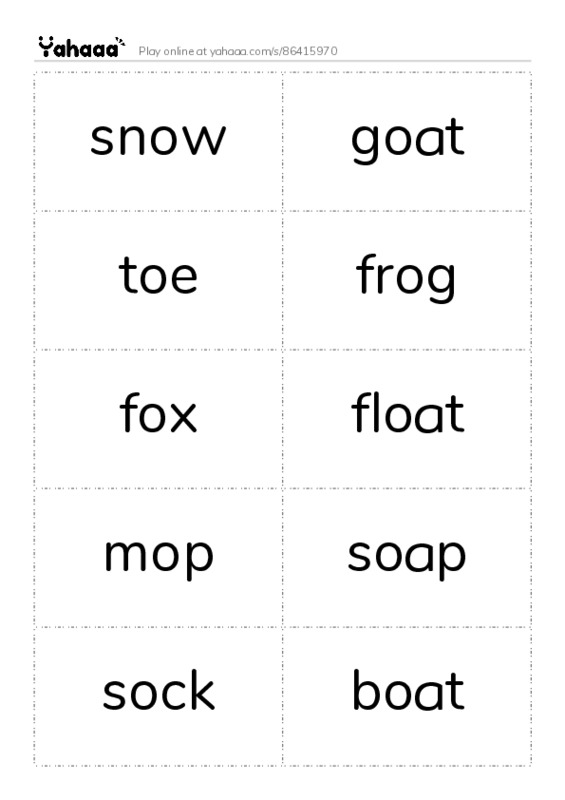 Word flashcards worksheet for snow, goat, toe and 15 more