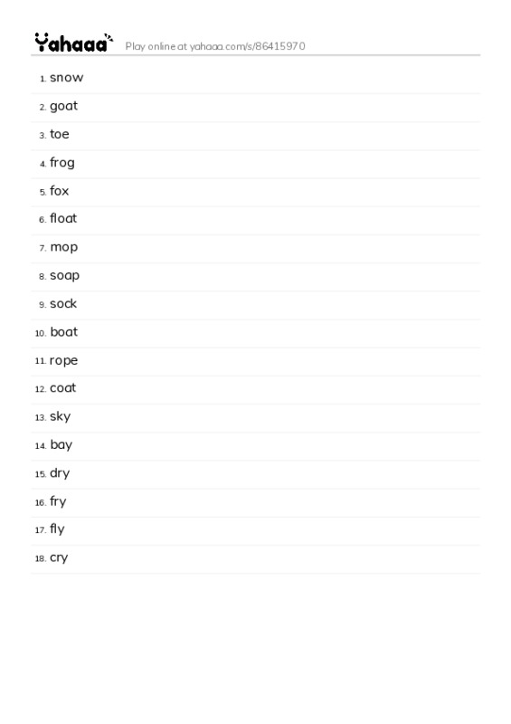 Word list with meanings worksheet for snow, goat, toe and 15 more