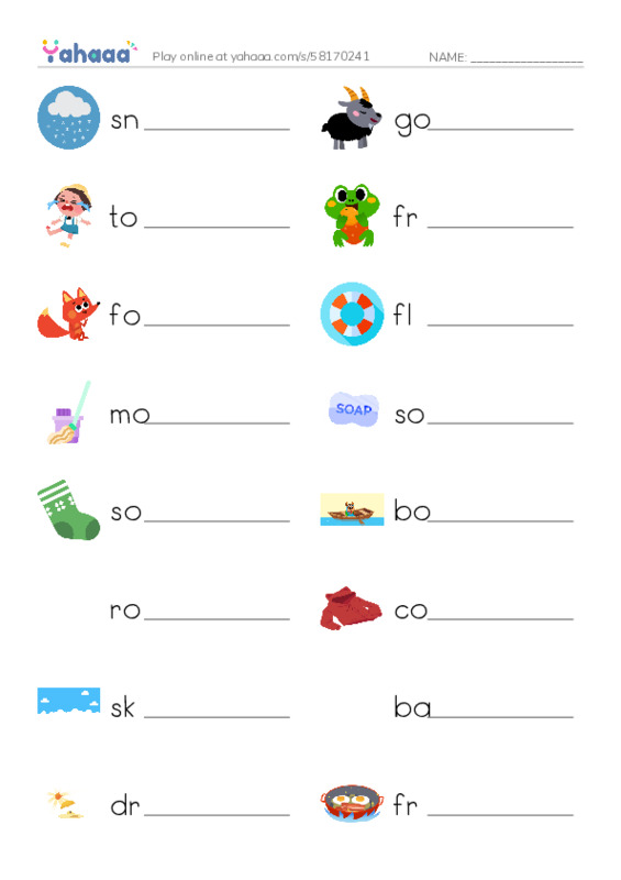 Write the word rows worksheet for snow, goat, toe and 15 more