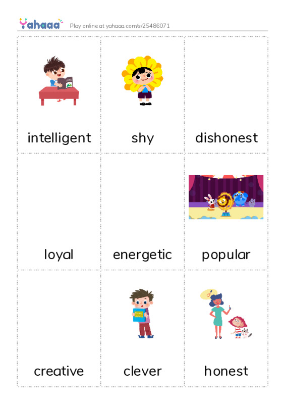 Picture flashcards worksheet for intelligent, shy, dishonest and 24 more