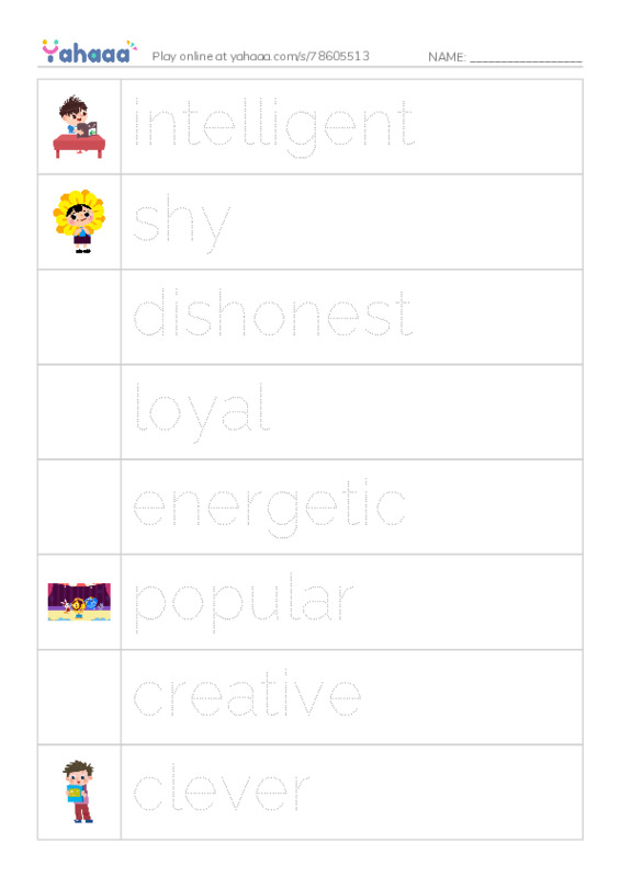 Picture and word rows worksheet for intelligent, shy, dishonest and 24 more