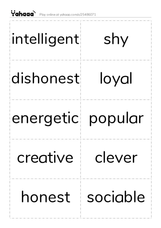 Word flashcards worksheet for intelligent, shy, dishonest and 24 more