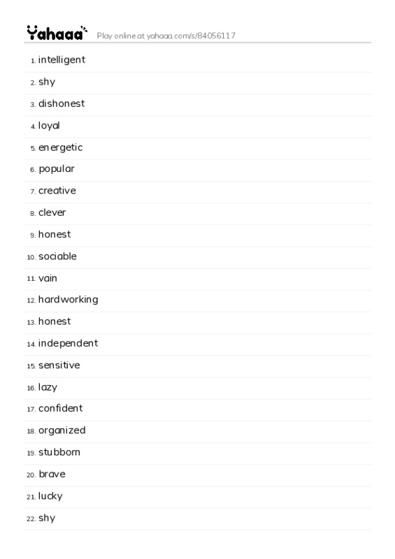 Word list with meanings worksheet for intelligent, shy, dishonest and 24 more