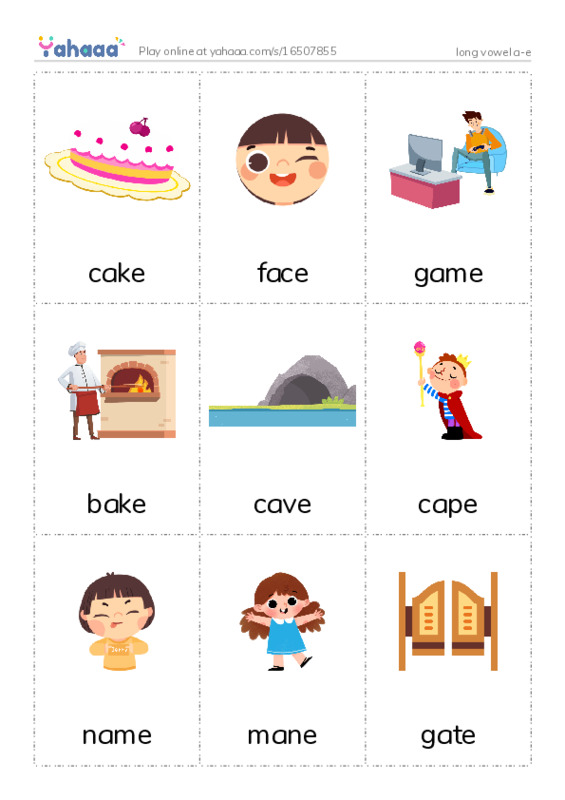 Picture flashcards worksheet for long vowel a-e