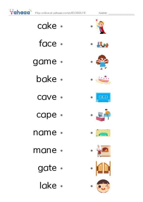 Draw a line to match worksheet for long vowel a-e