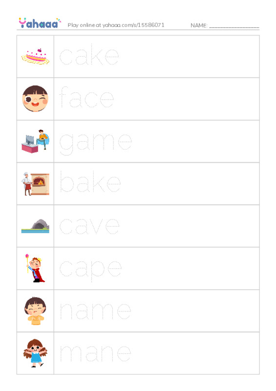 Picture and word rows worksheet for long vowel a-e