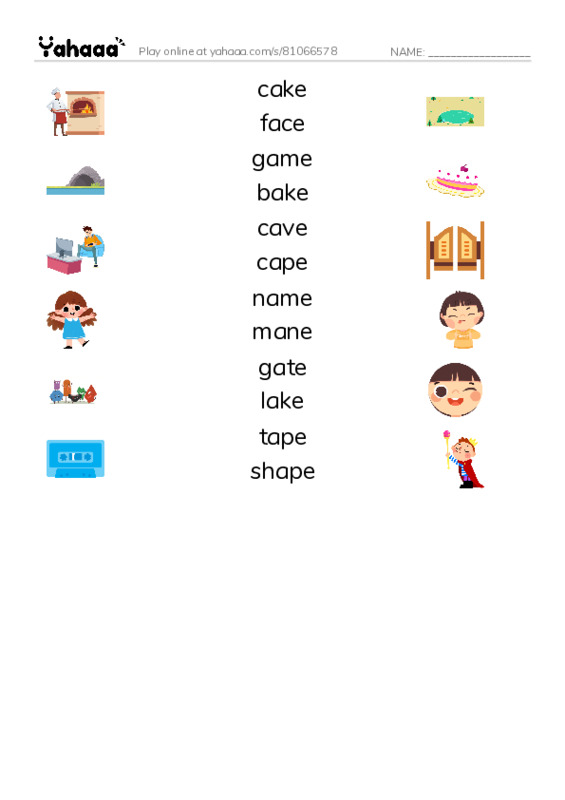 Match both sides worksheet for long vowel a-e
