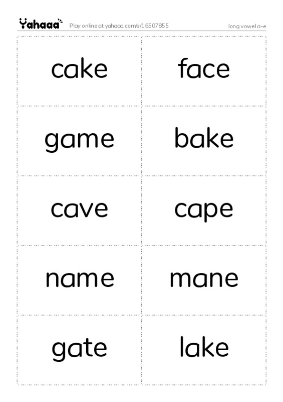 Word flashcards worksheet for long vowel a-e
