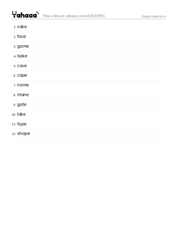 Word list with meanings worksheet for long vowel a-e