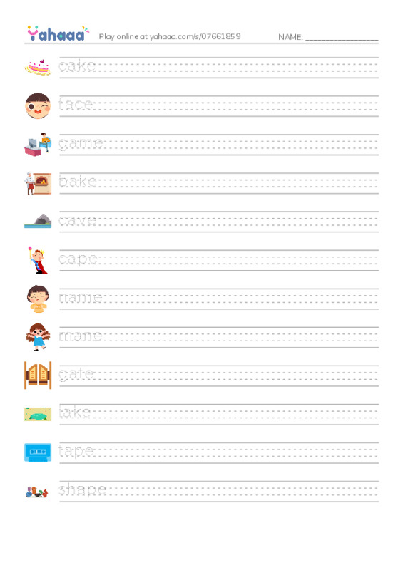Handwriting lines worksheet for long vowel a-e