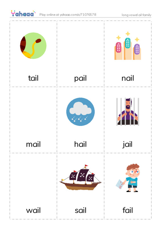 Picture flashcards worksheet for long vowel ail family