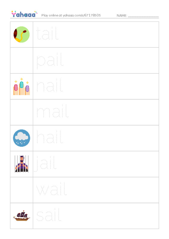 Picture and word rows worksheet for long vowel ail family