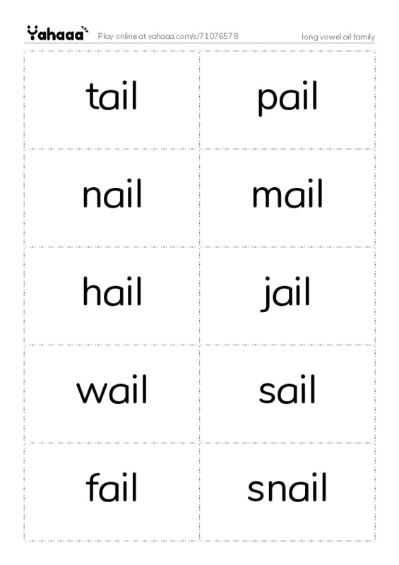 Word flashcards worksheet for long vowel ail family