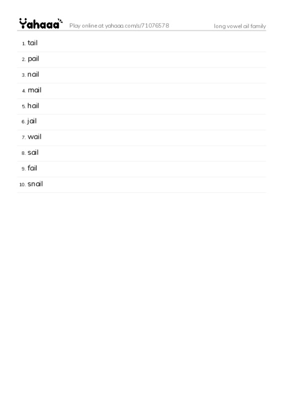Word list with meanings worksheet for long vowel ail family