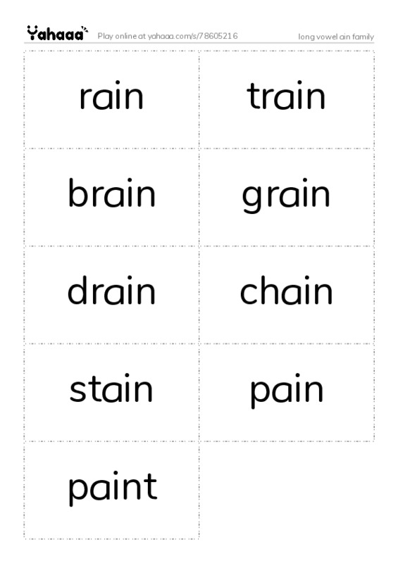 Word flashcards worksheet for long vowel ain family