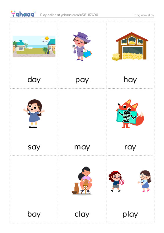 Picture flashcards worksheet for long vowel ay