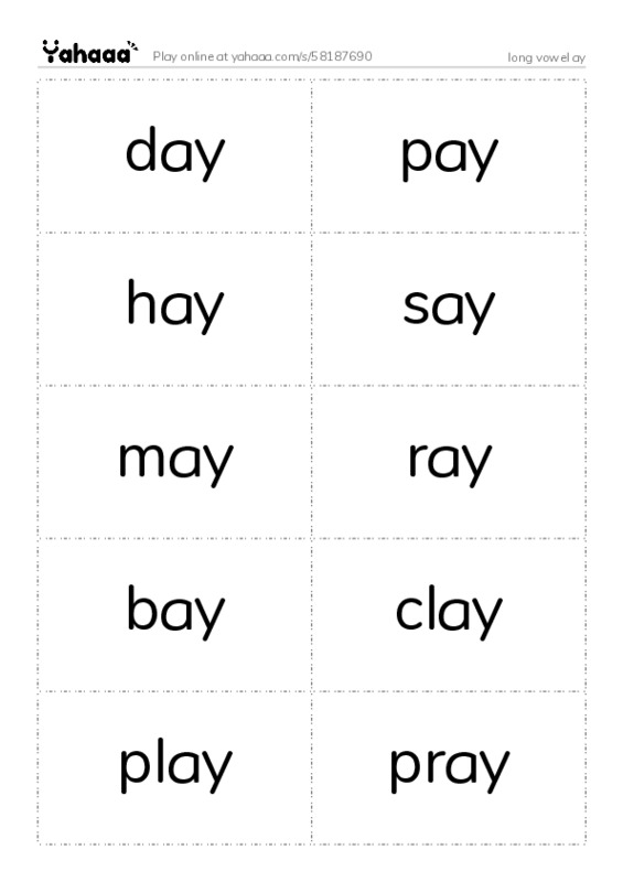 Word flashcards worksheet for long vowel ay