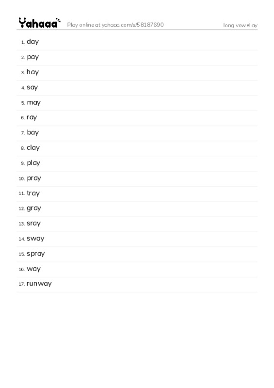 Word list with meanings worksheet for long vowel ay