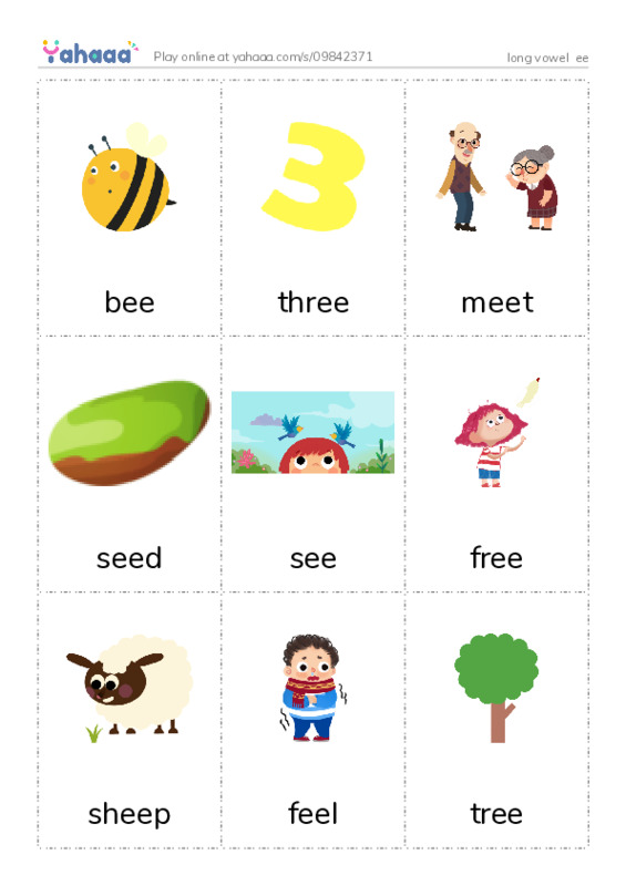 Picture flashcards worksheet for long vowel  ee