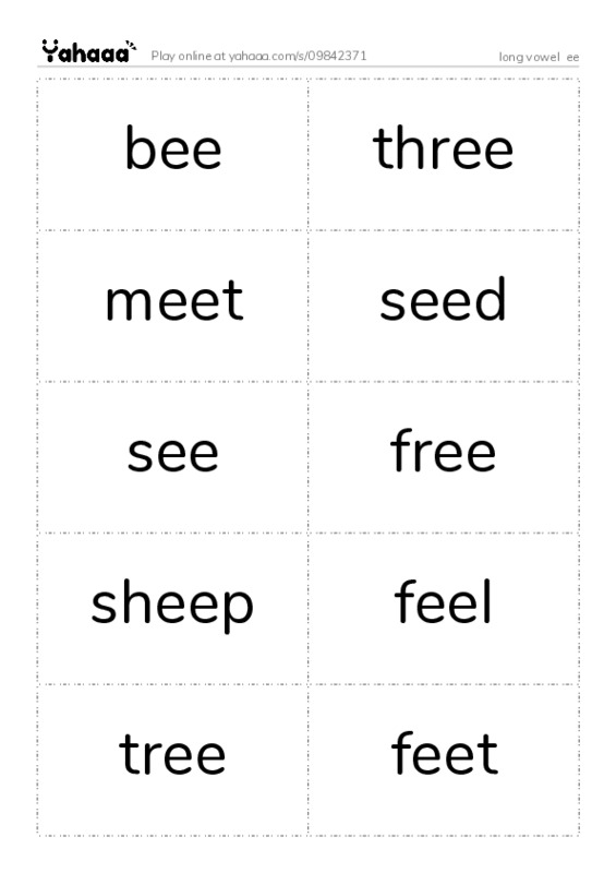 Word flashcards worksheet for long vowel  ee