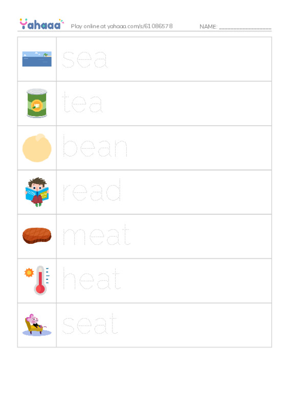 Picture and word rows worksheet for long vowel  ea