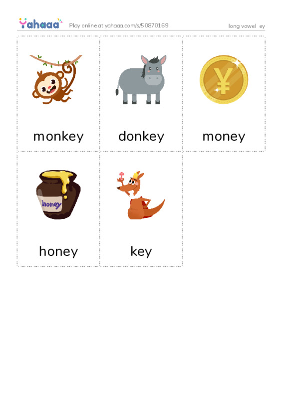 Picture flashcards worksheet for long vowel  ey