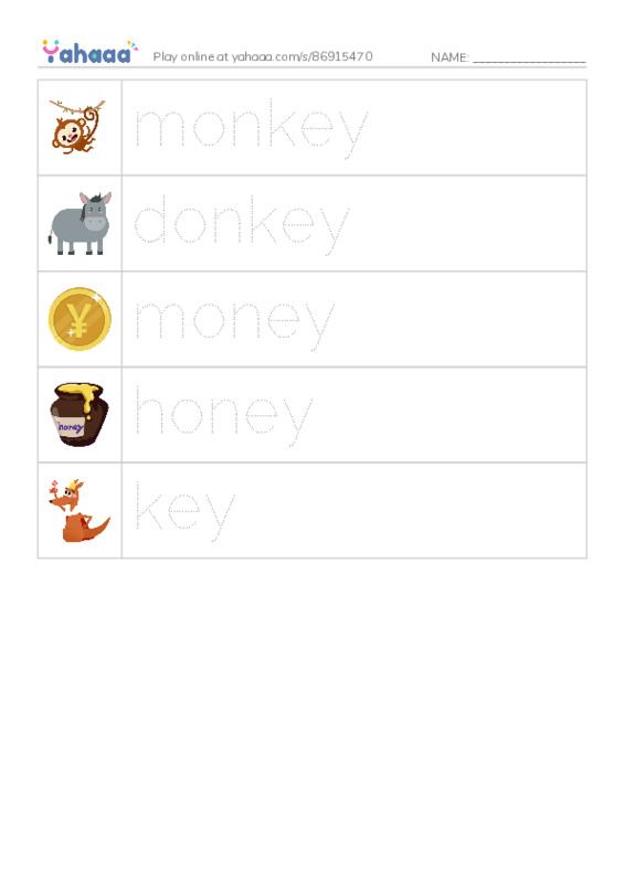 Picture and word rows worksheet for long vowel  ey
