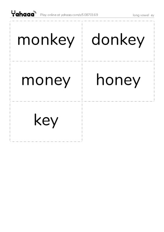Word flashcards worksheet for long vowel  ey