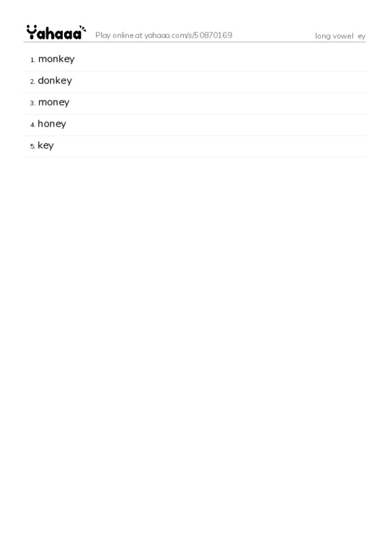 Word list with meanings worksheet for long vowel  ey