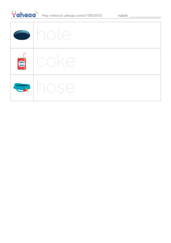 Picture and word rows worksheet for long vowel o-e