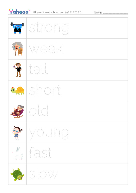 Picture and word rows worksheet for Adjectives