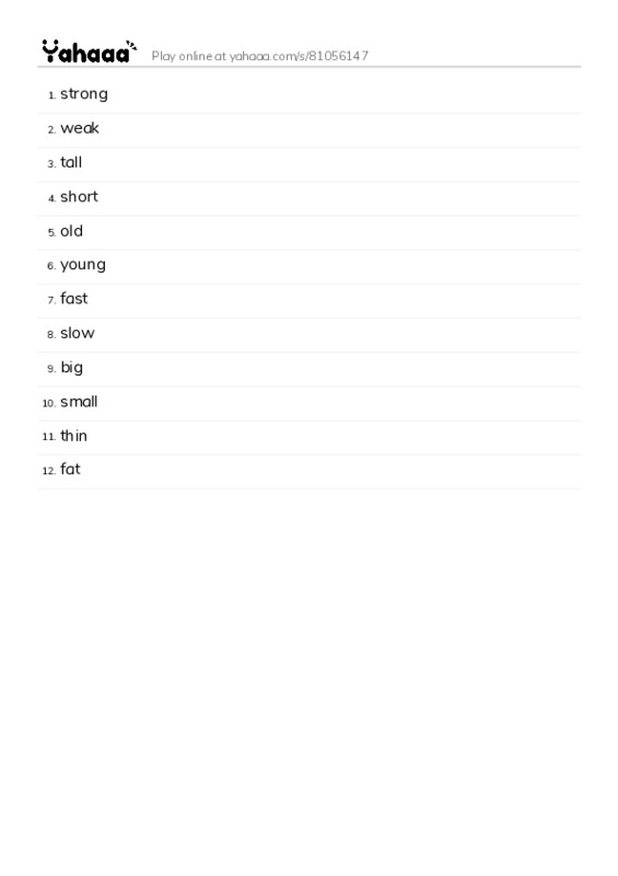 Word list with meanings worksheet for Adjectives