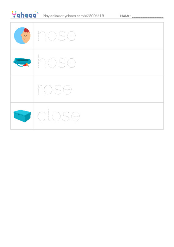 Picture and word rows worksheet for long vowel ose