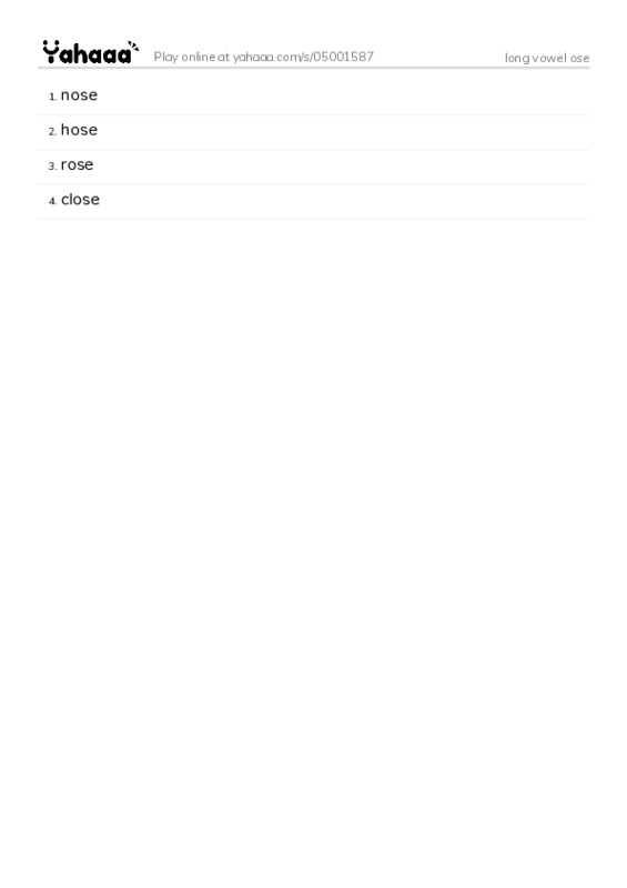 Word list with meanings worksheet for long vowel ose