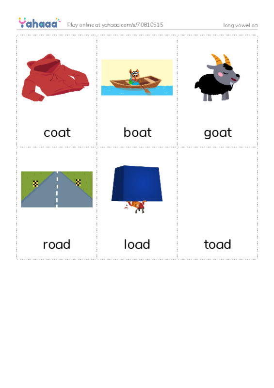 Picture flashcards worksheet for long vowel oa