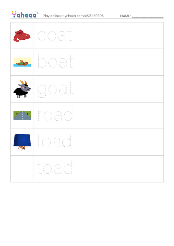 Picture and word rows worksheet for long vowel oa