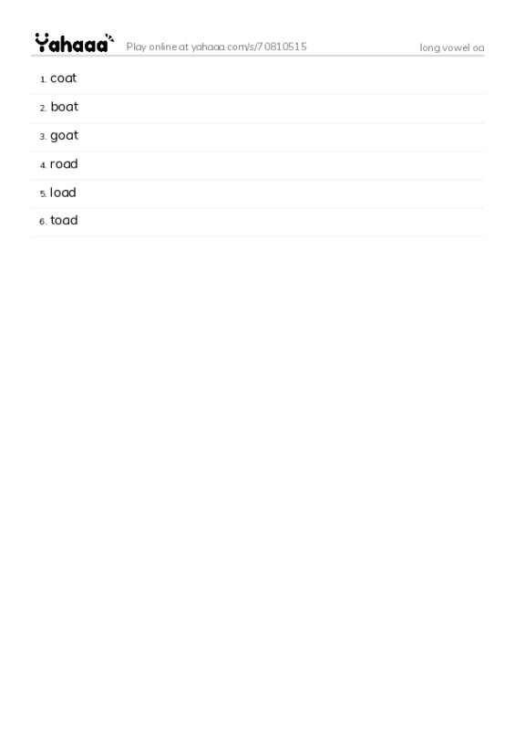 Word list with meanings worksheet for long vowel oa