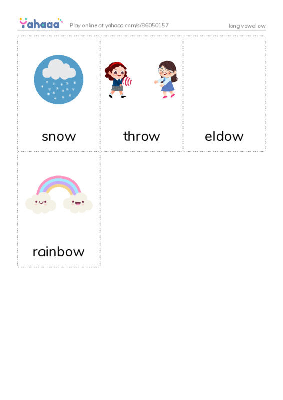 Picture flashcards worksheet for long vowel ow