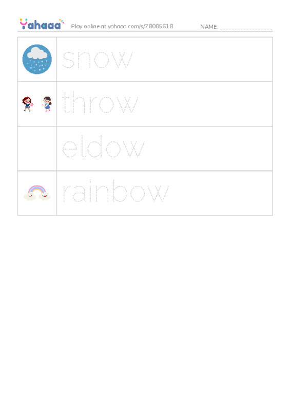 Picture and word rows worksheet for long vowel ow