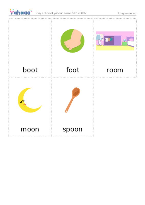 Picture flashcards worksheet for long vowel oo