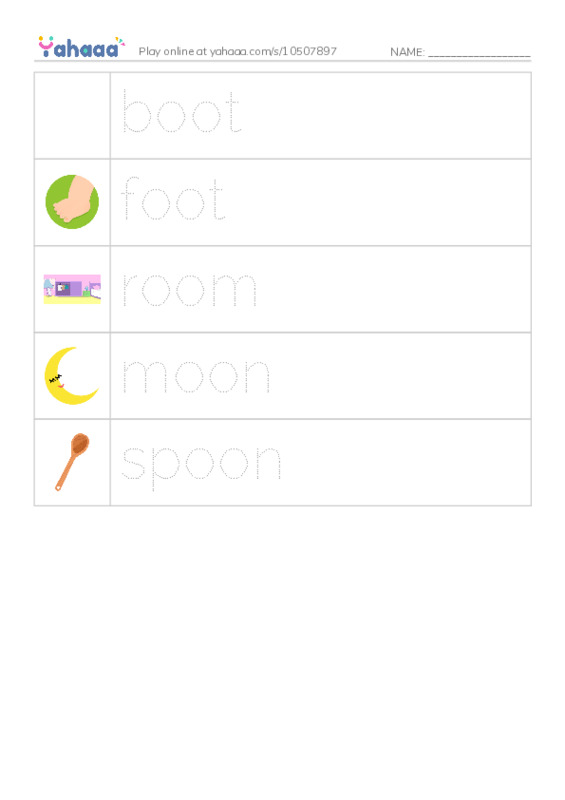Picture and word rows worksheet for long vowel oo