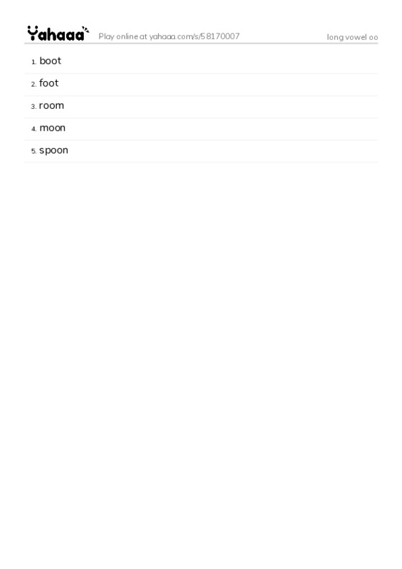 Word list with meanings worksheet for long vowel oo