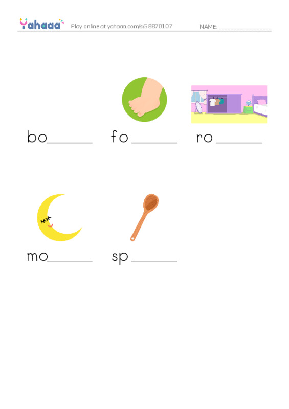 Finish the word worksheet for long vowel oo