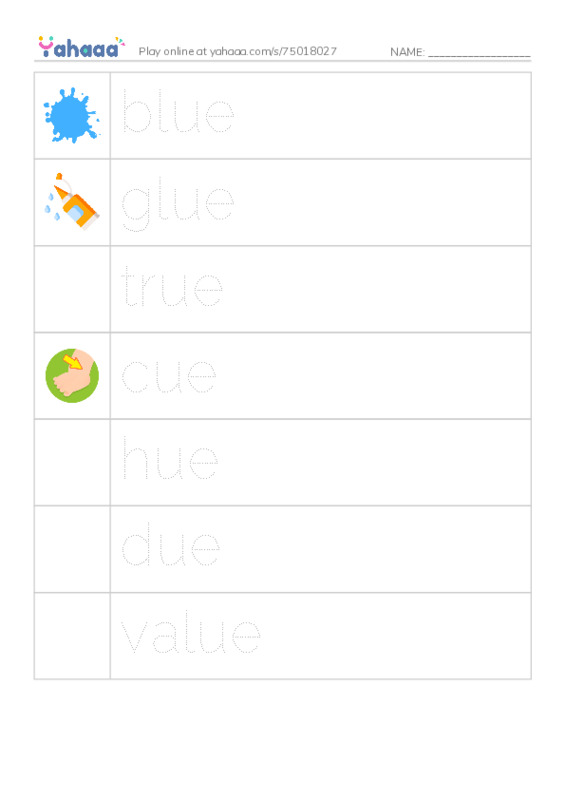 Picture and word rows worksheet for long vowel  ue