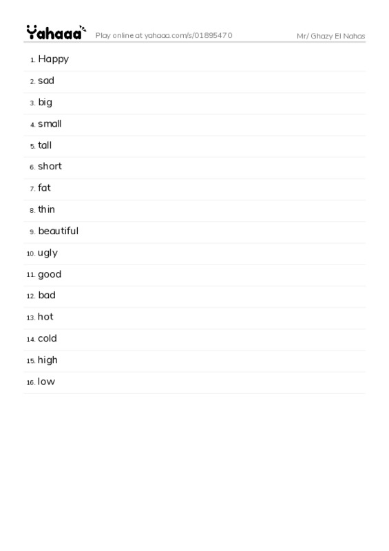 Word list with meanings worksheet for Mr/ Ghazy El Nahas