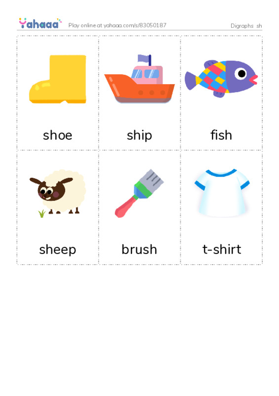 Picture flashcards worksheet for Digraphs  sh
