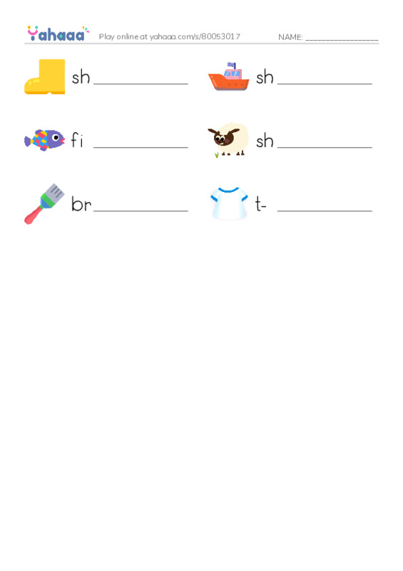 Write the word rows worksheet for Digraphs  sh